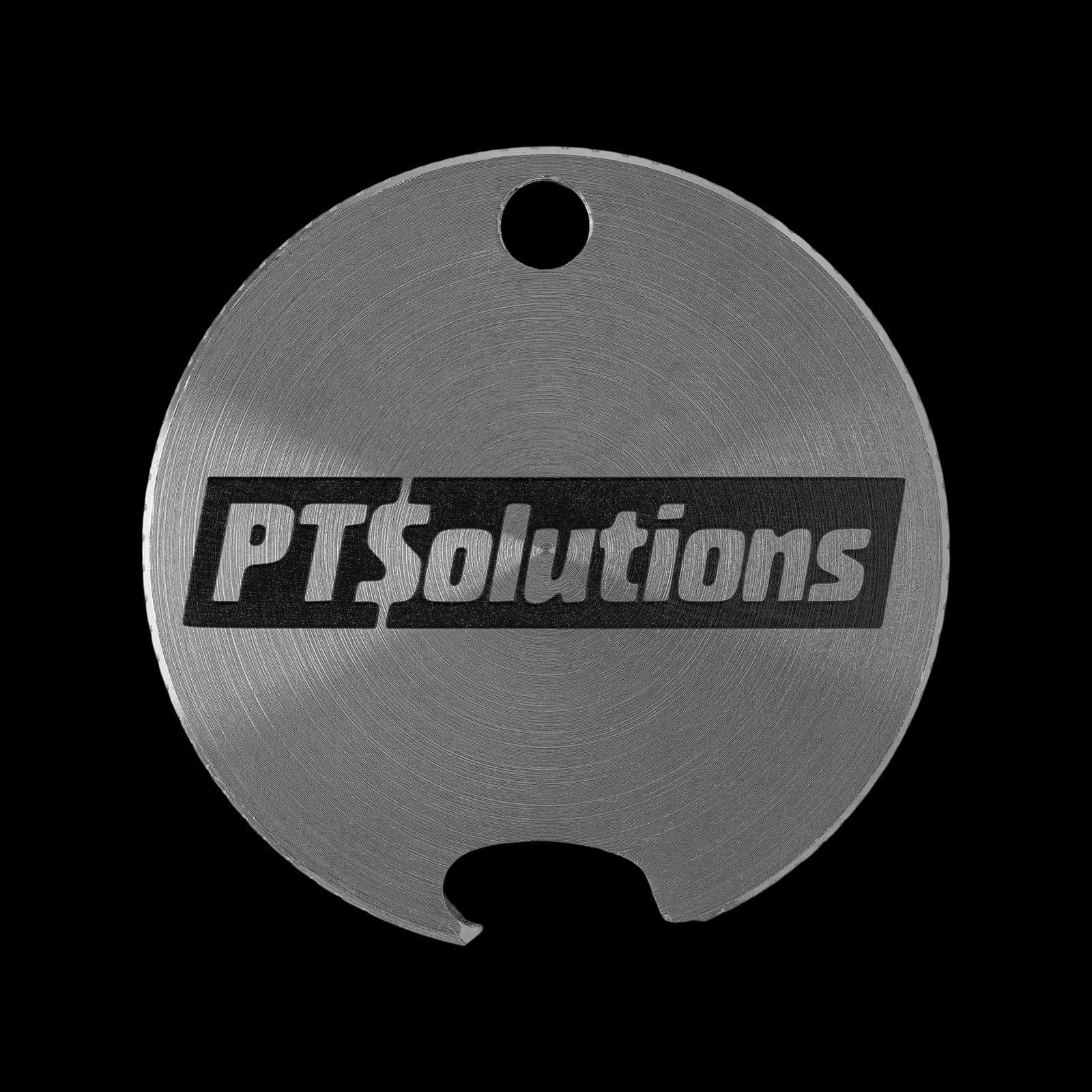 Brushed stainless steel keychain bottle opener engraved with a black rectangular company wordmark logo.