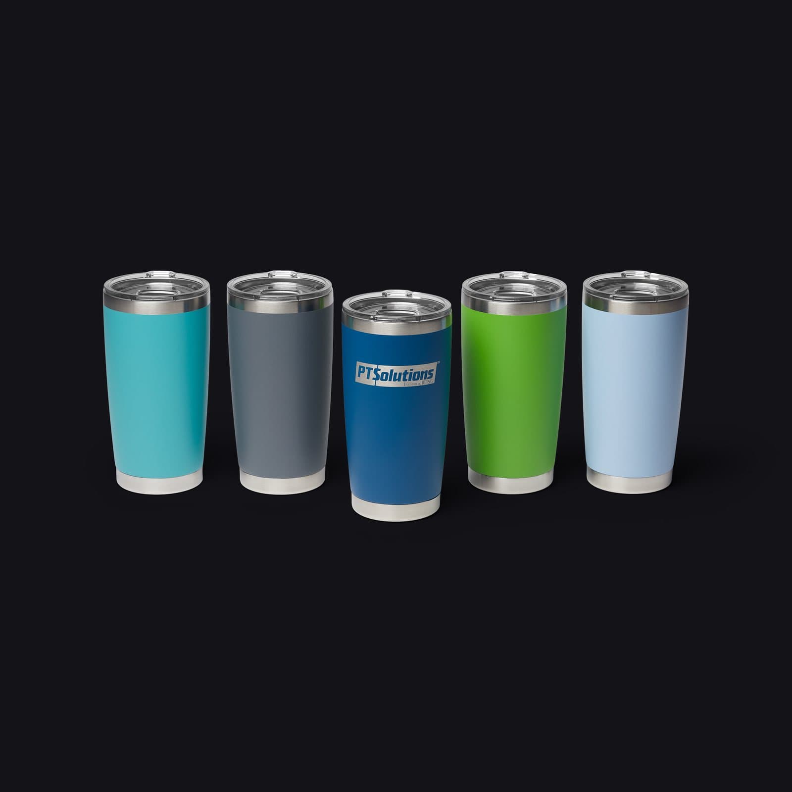 Five 20 oz tumblers in a row of colors, each engraved with the same corporate wordmark