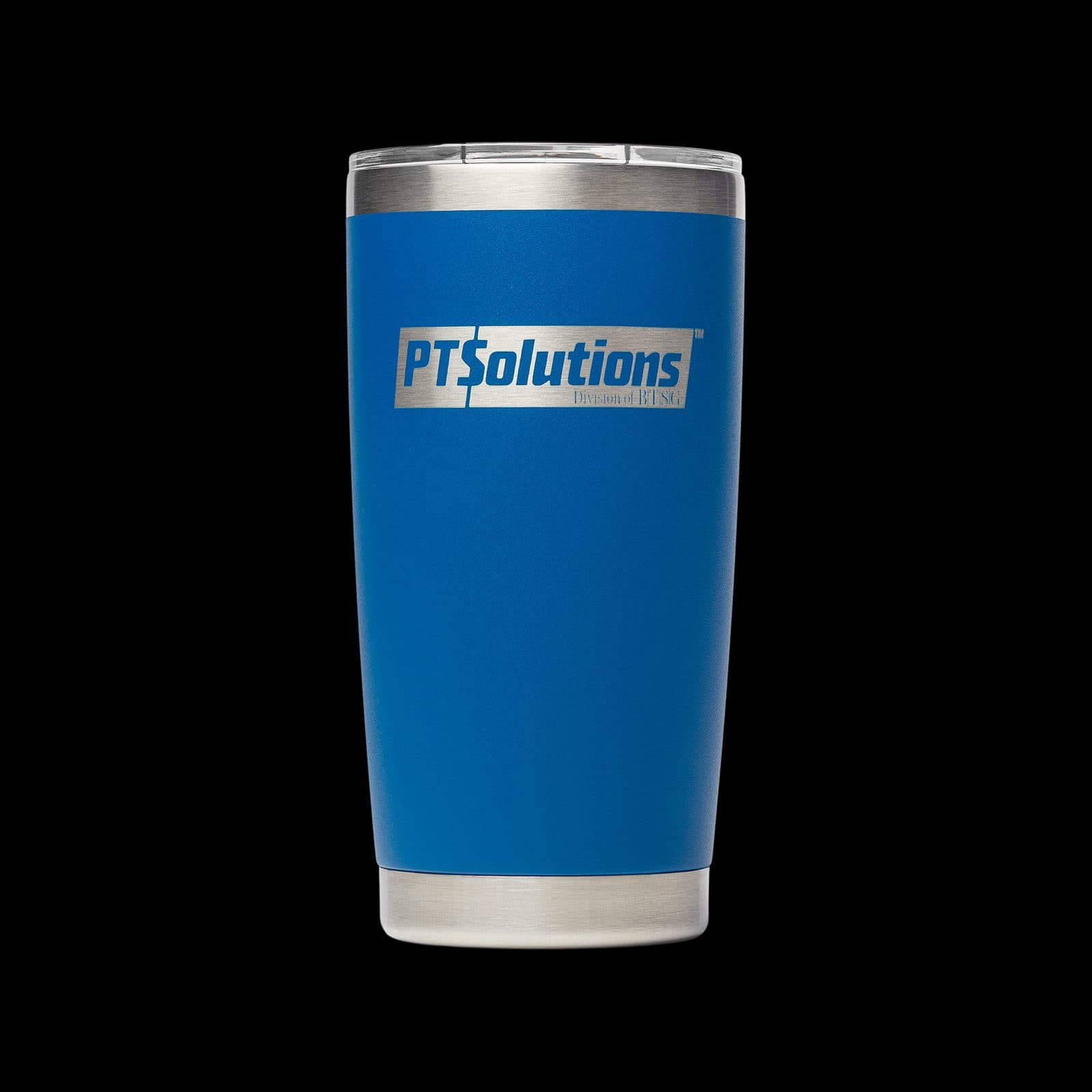 Cobalt blue 20 oz insulated tumbler laser engraved with a company wordmark logo and tagline in bare stainless steel.