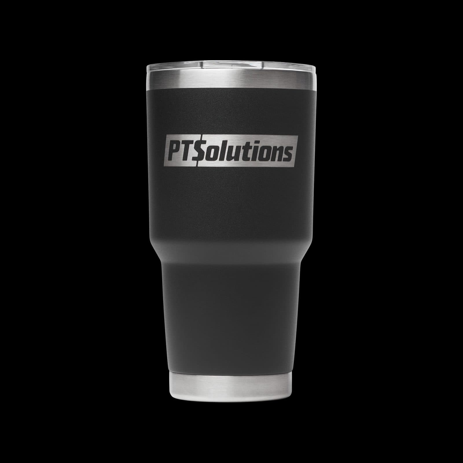 Matte black 30 oz insulated tumbler laser engraved with a rectangular company wordmark logo in bare stainless steel.
