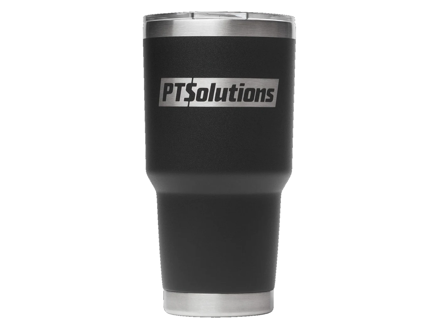 Matte black 30 oz tumbler laser engraved with a corporate wordmark logo in bare stainless steel