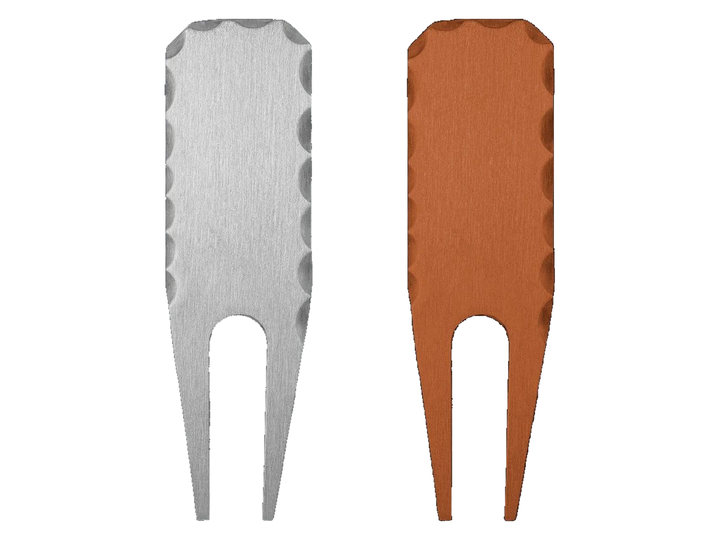 Hammered-edge divot tools in black, copper, and silver finishes lined up side by side