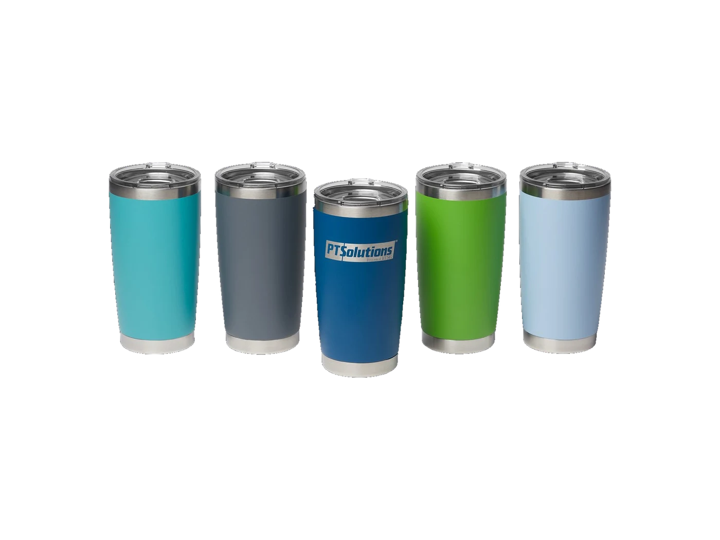 A row of 20 oz tumblers in five colors, each laser engraved with the same company logo