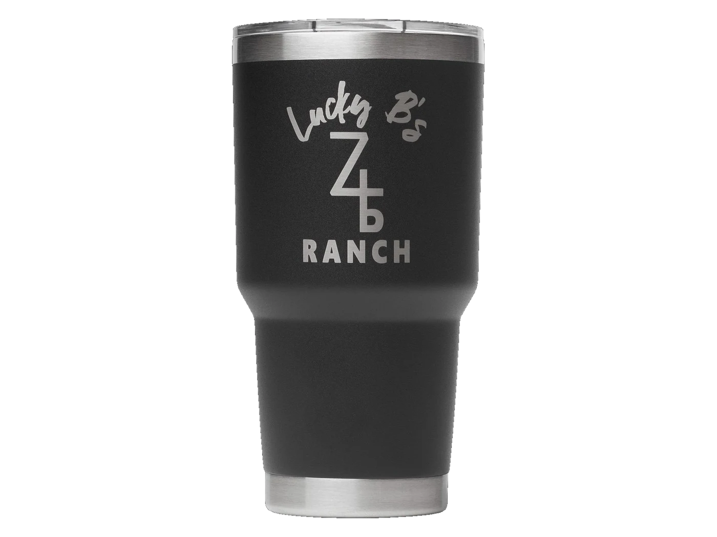 Black 30 oz tumbler laser engraved with a script and monogram-style personal logo in silver